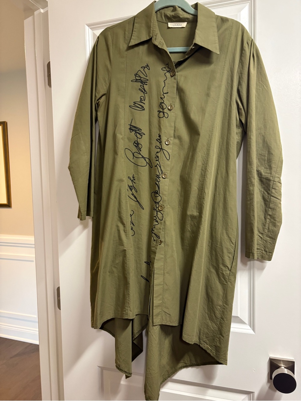 Luukaa Olive Green Asymmetric Button-Down Shirt with Script Detail